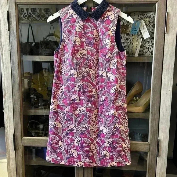 Club Monaco  Cotton Printed Dress with silk lace collar Size Small - Picture 3 of 8